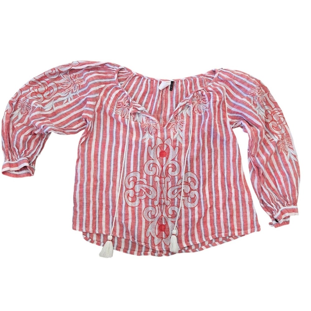 Anthropologie Akemi + Kin Red White Striped Embroidered Tassel Peasant Blouse XS